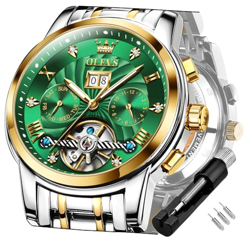 OLEVS Gold Grün Automatikuhren für Herren Tourbillon Automatik Mechanik Luxus-Kleid Edelstahl Armband Leuchtend wasserdicht Herren-Armbanduhr
