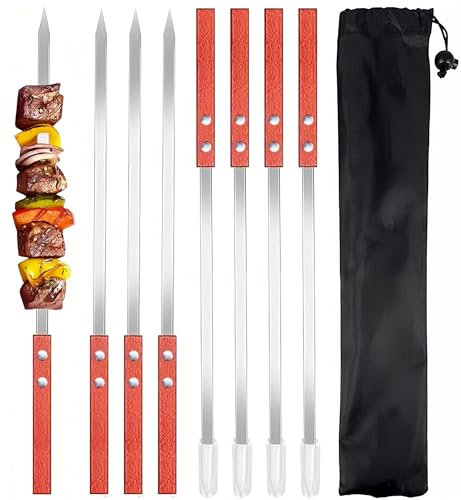 8 Stück Flache Grillspieße Edelstahl mit Holzgriff, 40CM Schaschlikspieße Wiederverwendbar, Adana Kebab Fleischspieße, Fleisch Gemüse Grillzubehör für Grillpartys im Garten und Camping im Freien