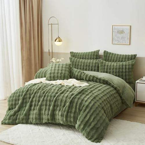 Luowei Winter Plüsch Bettwäsche 200x200 Warm Grün Kuschelige Flauschig Fleece Bettwäsche Luxus Wende Bettbezug mit Reißverschluss und 2 Kissenbezug 80x80cm