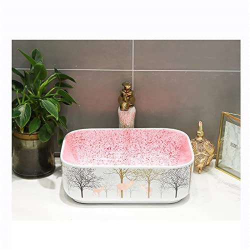 CAFIEDR Vasque à Poser rectangulaire en céramique, lavabo de Salle de Bain, lavabo de Toilette, Art européen, Robinet à Trou Unique pour lavabo