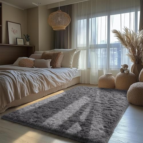 HOKXUAN Teppich Wohnzimmer Flauschig 140 x 100 cm Kurzflor Rutschfest, Waschbar mit Antirutsch, Modernes Einfarbiges Design für Küche, Schlafzimmer, Hellgrau
