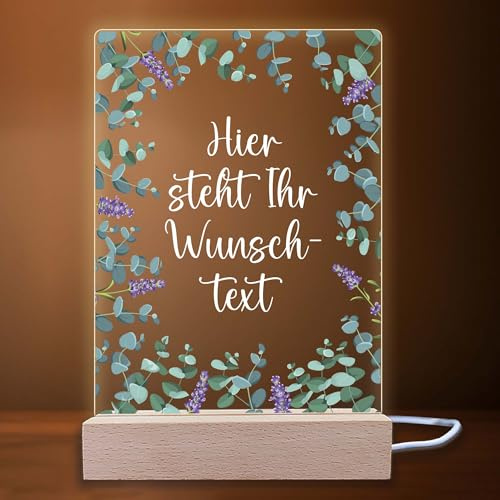 INDIGOS UG - LED Lampe personalisiert - Lavendel - Wunschtext - Spruch, Wunschname - personalisiertes Nachtlicht - Familie, Geschenk, Geburtstag, Weihnachten - optionale Lampe warmweiß