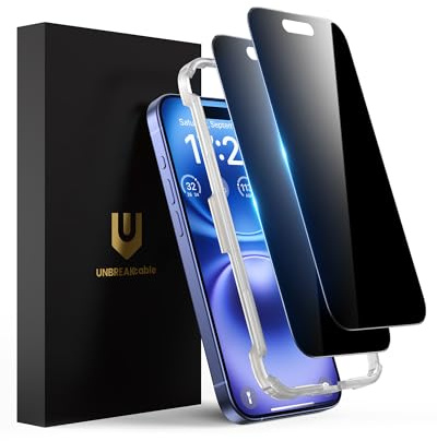 UNBREAKcable Privacy Screen Protector for iPhone 16, Anti-Spy Shatterproof Tempered Glass [True 28°Anti Spy] [9H Hardness] [Easy Installation Frame] Black Protector for iPhone 6.1 - 2 Pack | 9H Hardness Tempered Glass, 28° Anti-Spy, Scratch Resistant, Installation Frame, Bubble-Free, Anti-Fingerprint, Case-Friendly