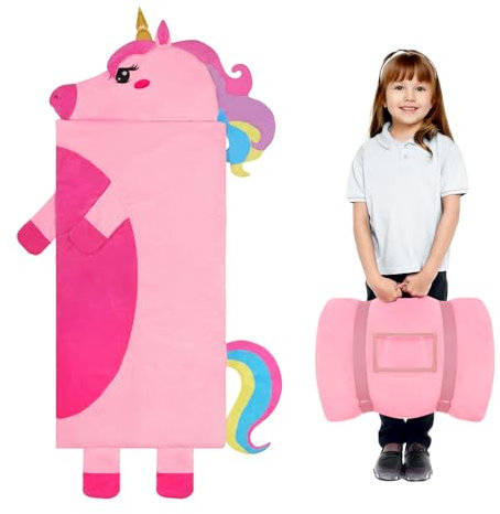 Decalsweet Schlafsack Kinder Doppelter Reißverschluss Warm, Faltbare Kinderschlafsack mit Kissen Abnehmbar für Mädchen Jungen, Schlafsack Kuscheltier für Outdoor Indoor Camping, 170×70cm Einhörner
