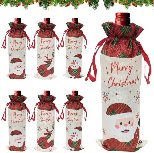 6 Stück Flaschentüten, Weihnachten Deko, Geschenktüten Flaschen, Geschenktüten Weihnachten Flaschen, Geschenkverpackung Flasche Jutebeutel Wein mit Kordelzug, Verpackung Abdeckung Wiederverwendbare