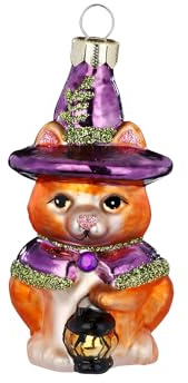 Christbaumschmuck Glas 7,9cm - Katze mit Hexenhut Figur zum Aufhängen - handbemalt - Weihnachtsbaum Anhänger für Weihnachten - Christbaumanhänger & Weihnachtsbaumschmuck - Märchen Tiere Orange Lila