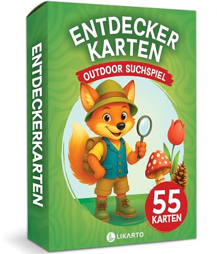 LIKARTO Entdeckerkarten Kinder Outdoor, Schatzsuche & Natur entdecken | Lern- & Outdoorspiel - Geschenk für Mädchen & Jungen, 55 Suchkarten und 55 Zusatzaufgaben, für Garten, Wald und Park