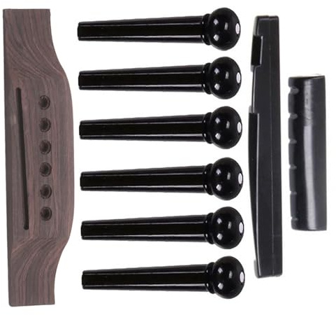 Gitarrensteg Sattel 9 Stück für Akustikgitarre mit Stegbolzen | Poliert, Sofort Einsatzbereit, Glatte Verarbeitung, Holz und Kunststoff, Kaffeefarbe, 1 Satz
