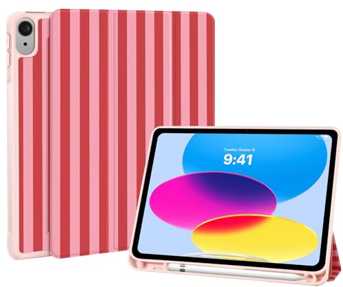 Fycyko Funda para iPad de 11ª generación (A16) 2025/iPad 10ª generación 2022, iPad de 11 pulgadas funda con soporte para bolígrafo, bonito patrón de rayas rosas y rojas, funda protectora con soporte