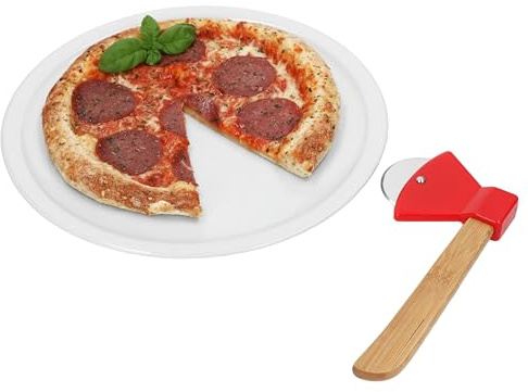 MamboCat 2-tlg. Geschenkset Pizzaschneider Axt + Pizzateller Bianco I weißer große Porzellan Teller Ø 30,5 cm + Pizzaschneider mit Bambusgriff I für Pizzen zum Anrichten