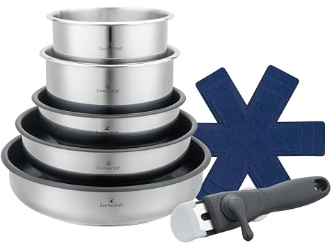 ZWILLENTÖFF Topfset 9-teilig, Edelstahl, abnehmbarer Griff, Silber | Töpfe und Pfannen Set, Kochgeschirr für alle Herdarten, Induktion, Gas, Ceran, Kapselboden, spülmaschinengeeignet
