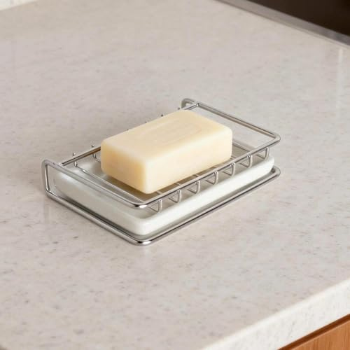 TMZELOA Jabonera con Drenaje, 13 × 8 cm Porta Jabon Acero Inoxidable 304 con Bandeja de Cerámica, Secado Rápido y Estable, Diseño Desmontable para Baño, Ducha y Cocina, Compatible Jabón