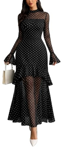 GothDark Womens Long Sleeve Bodycon Evening Winter Wedding Guest Maxi Dress | Round Neck, Fall Bell Sleeve, Ruffle Hem, Date Night, Cocktail, Party, Formal, Elegant Vintage Long Dresses
