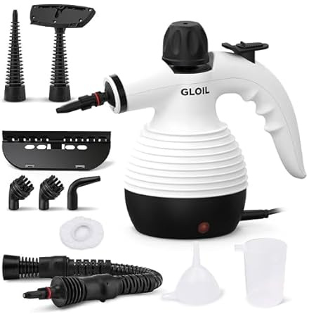 GLOIL Pulitore a vapore portatile, un dispositivo di pulizia domestico versatile e portatile, viene fornito con un set di accessori da 10 pezzi. Rimuove facilmente le macchie ostinate come sporco e