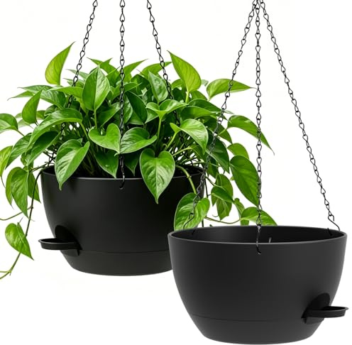 WSMKSZ 33cm Große Selbstbewässernde Blumenampel Hängend Innen Außen, 2er Set Dicker Kunststoff Blumentopf Hängend mit Drainageloch & Wasserreservoir, Hängetopf für Balkon, Veranda, Schwarz