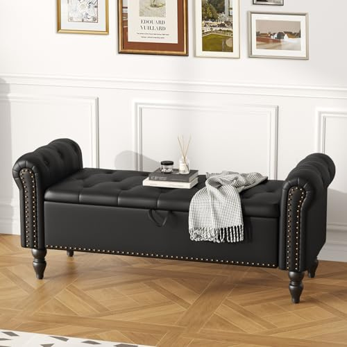 Ckaff Sitzbank mit Stauraum 132cm, Aufbewahrungsbox, Fußbank, Bettbank, Sitztruhe mit Armlehnen aus PU-Kunstleder für Wohnzimmer Schlafzimmer Flur, Schwarz