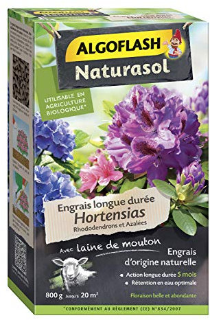 ALGOFLASH NATURASOL Engrais Hortensias, Rhododendrons et Azalées, Longue durée 5 mois, Jusqu'à 20 m², UAB, 800 g, ABIOHOR800