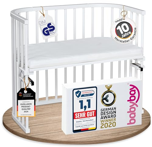 babybay Maxi extra großes Beistellbett aus massivem Buchenholz / Kinderbett Höhe stufenlos verstellbar & umweltfreundlich / mit Matratze Classic Soft (weiß lackiert)
