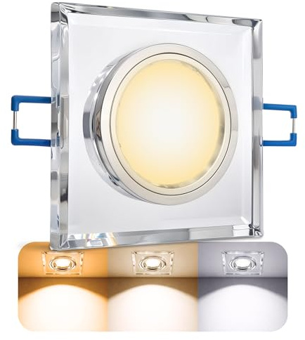 SSC-LUXon ALINA Glas Einbaustrahler eckig klar GU10 5W 3 Lichtfarben | Eckiger Glas-Deckenspot aus Echtglas für Wohnzimmer, Flur & Küche - inkl. Leuchtmittel 3-farbig, Lochmaß Ø60mm, kein Trafo
