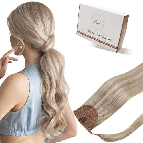 Hetto Extensions Echthaar Zopf Aschblond mit Hellblond Highlights 40cm 80g - Zopfverlängerung mit Hoher Frisur-Stabilität, Für Sleek Look, High Pony und Social-Media Trends, Einfach zu Tragen #18/613