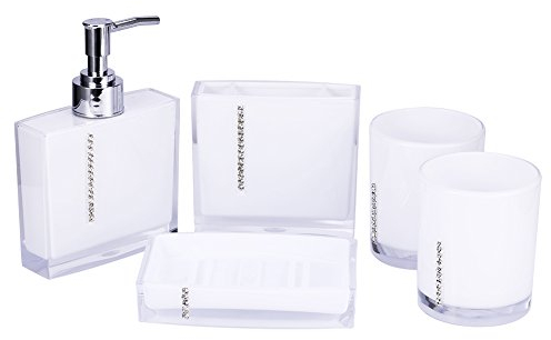 5tlg Badezimmer Zubehör Set, Badset mit Emulsionflasche, Zahnbürstenhalter, Seifenschale und 2 Gurgeln Tasse, Badezimmer-Toiletten-Set, Weiß
