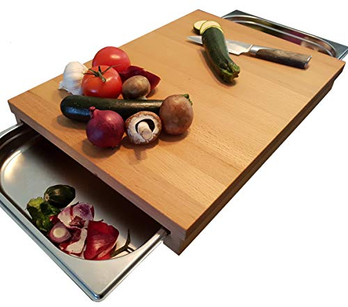 Holzschneidebrett BUCHE mit 2X Auffangschale 53,7 x 37 x 7cm Holzbrett Servierbrett Edelstahlschale Schneidbrett Brotschneidebrett Küchenbrett (53,7 x 37 x 7 mit Zwei 1/2 GN-Behältern)