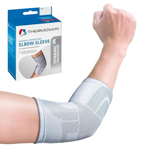 Thermoskin Dynamische Kompressions-Ellenbogenbandage - Atmungsaktive & elastische Stützbandage für Männer & Frauen, gezielte Unterstützung bei schwachen & verletzten Ellenbogen, Grau, S/M