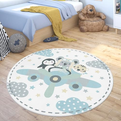 Paco Home Teppich Kinderzimmer Kinderteppich Waschbar Junge Mädchen Spielteppich Rund Modern Pastell, Grösse:120 cm Rund, Farbe:Beige