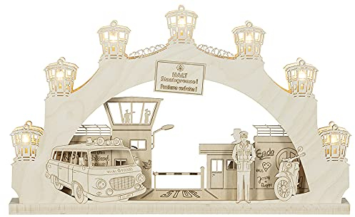 WEIGLA - Schwibbogen original Erzgebirge I LED Lichterbogen Weihnachten I Motiv Checkpoint Charlie I 7 Lampenkerzen + 1 Ersatzlampe I 7 x 34 V, 0,2 W, E10 I beleuchtete Weihnachtsdeko I Ganzjahresdeko