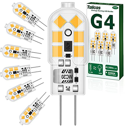 Tailcas G4 LED Bulbs 1.2W, AC/DC 12V, Warm White 3000K, 120LM | Equivalent 10W G4 Halogen Lamp, No Flickering Energy Saving Capsule Light Bulb for Home Lighting, Pack of 6