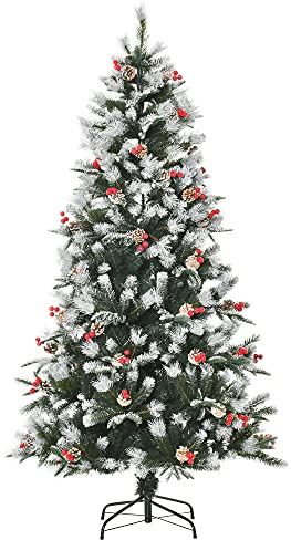 HOMCOM Árbol de Navidad Artificial 180 cm con 678 Ramas 53 Piñas Verde | 53 Bayas, Hojas de Plástico PE, Base de Soporte Plegable Metálica, Decoración Navideña para Interiores
