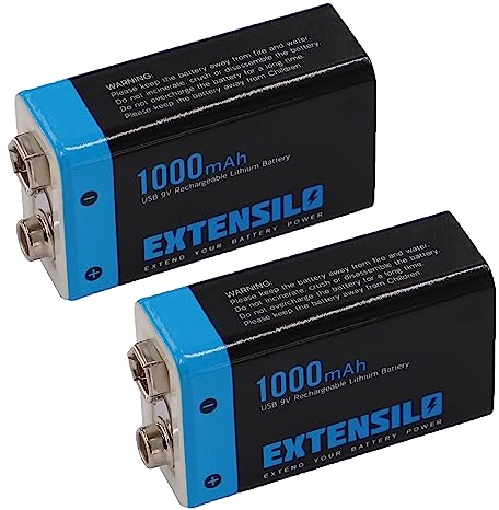 EXTENSILO 2x batteria da 9V compatibile con diversi dispositivi (1000mAh, 9V, Li-Ion), ricaricabile, ready-to-use, con porta Micro USB