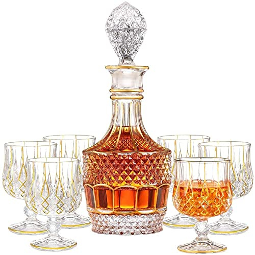 TSTSM Botella de Vino de Cristal Decorativa Dorada con tapón de Vidrio y 6 Vasos de Whisky