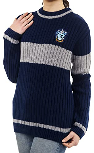 Harry Potter Ravenclaw Quidditch Jersey: Hogwarts House Ravenclaw Quidditch Uniforme Réplica de punto acanalado jersey de cuello redondo para hombres y mujeres, Azul, Plata, S