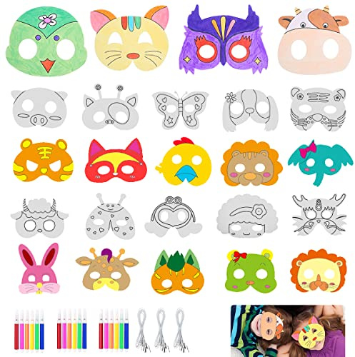Leikedun 24 Masken für Kinder Tiermasken Blanko Bemalen Masken mit Bungee-Strings und 18 Farbigen Aquarell-Pinsel, zum selbst Bemalen und Gestalten, für Kinder Mädchen Junge Kindergeburtstage Cosplay