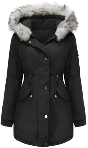 Tuopuda Giacca Donna con Cappuccio Cappotto Lungo Caldo Invernale Parka Trapuntato con Pelliccia Giubbotto Slim Fit Felpe con Zip Casual Manica Lunga, Nero, XXL