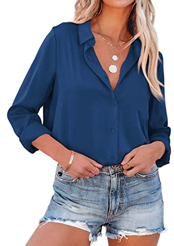 NONSAR Elegante blusa de satén y mangas largas para mujer, camisa con cuello en V, blusa de oficina de estilo casual, Blau, L