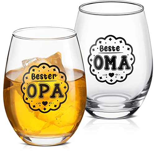Opa Oma Weinglas Set Geschenk für Großeltern Stammlos Lustig graviert Glas 16 oz Klare Whiskybecher für Geburtstag Weihnachten Muttertag Vatertag Männer Frauen Großeltern
