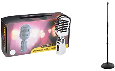 Pulse PLS00093 Retro Style Chrome Microphone - Silver/Chrome & Tiger Microphone Stand with Round Base - Black