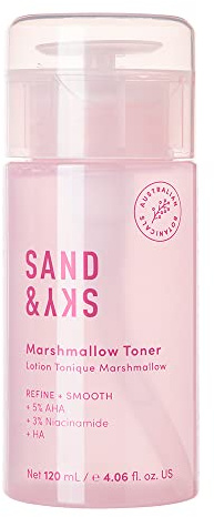Tonique Sand & Sky Marshmallow | Tonique facial hydratant et exfoliant pour éclaircir la peau | Resserrement des pores, minimisation des rougeurs | Niacinamide, AHA, BHA, Acide Hyaluronique