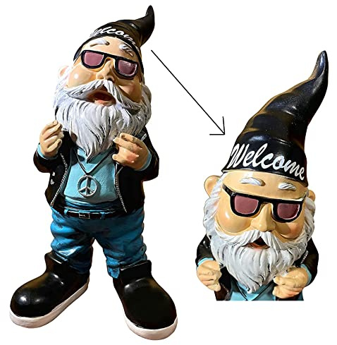 SEWAS Gartenzwerg Rocker Welcome, handbemalt und wetterfest aus hochwertigem Kunstharz, mit Willkommensgruß, 1x Dekofigur