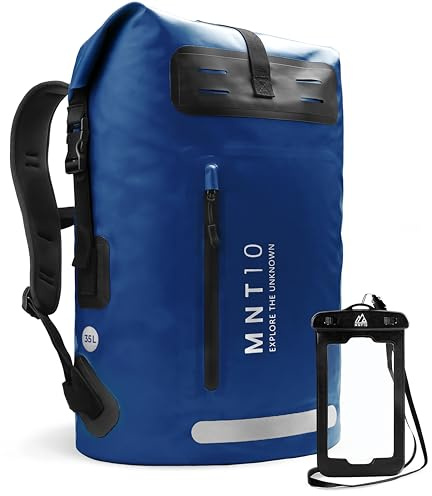 MNT10 Wasserdichter Rucksack mit vertikaler Vordertasche 35L & 55L | Rückseite mit EVA-Polsterung | Innenfach mit Reißverschlusstasche und Schlüsselhalter | inklusive Handyhülle (Dark Blue, 35L)