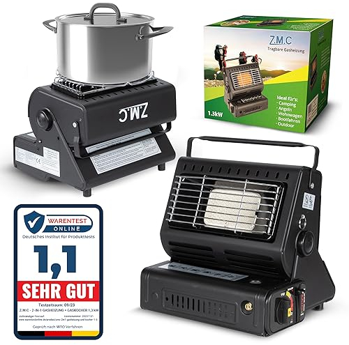 Z.M.C Chauffage à Gaz Portable 2 en 1 Avec Connexion GPL - Chauffage de Camping 1,3 kW Pour Extérieur, Mobile Avec Allumage Piézo