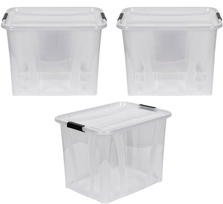 Kreher® XL Aufbewahrungsboxen mit Deckel aus Lebensmittel-geeignetem Kunststoff in Transparent. Stapelbare Lagerboxen für Haushalt, Garage, Industrie (55 Liter, 3er Set)