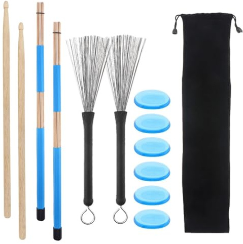 MuzcYM Lot de 6 baguettes de batterie en bois d'érable 5 A, 1 paire de brosses métalliques rétractables, 1 paire de baguettes de batterie en silicone avec sac de rangement portable pour jazz,