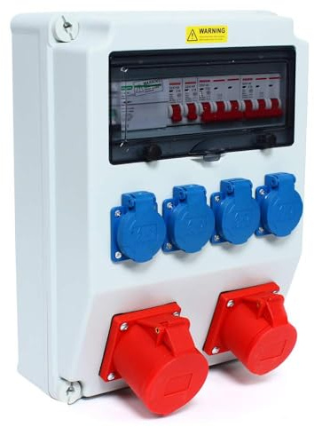 TESUGN Répartiteur mural CEE + 1 x 16 A + 1 x 32 A + 4 x 230 V FI - Distributeur de courant pour intérieur et extérieur - Répartiteur de courant de chantier - Répartiteur complet