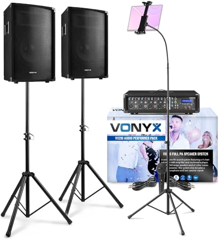 VONYX VX210 Professional Karaoke System with Bluetooth Amplifier, 10-Inch Speakers, Mixer, Wired Microphone and Tablet Stand for Parties and Performances