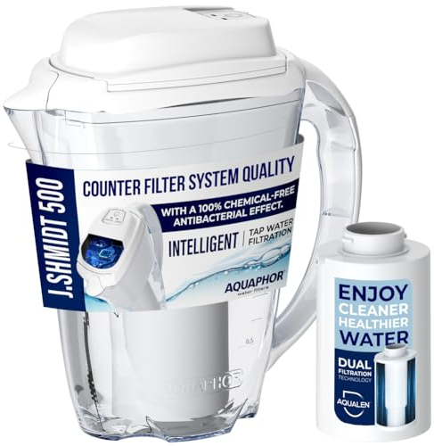 Water Filter Pitchers, 10 Cup Advanced Tap Water Aqualen Filtration Technology, Smart Pitcher with Filter Alert, BPA Free Tritan Plexiglass, 1 Filter Cartridge, Nakii by Aquaphor