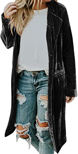 Cappotto casual da donna in velluto allentato elastico cappotto lungo cappotto casual lungo cappotto cardigan tasca cappotto solido cardigan spolverini per le donne, T-nero-4, L