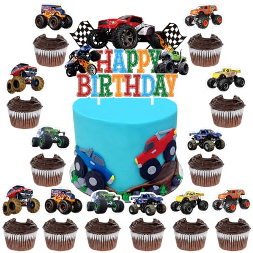Auto Tortendeko, Car Tortendeko Junge, Truck Geburtstag Kuchen Deko 25 Stück, Muffin Deko, Cupcake Topper für Kinder Geburtstag Zubehör